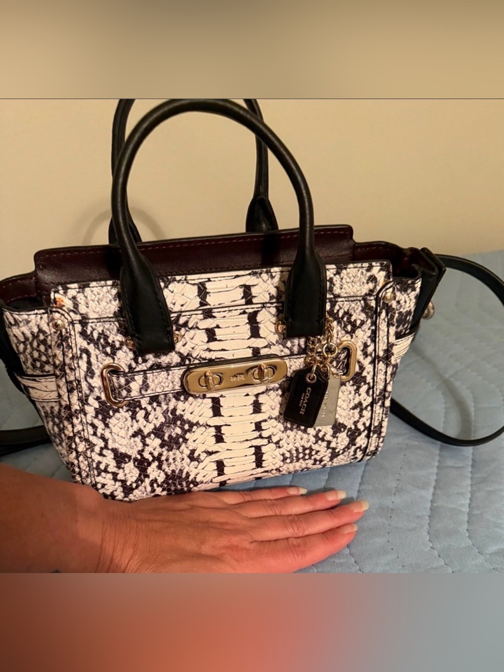 Coach Mini Swagger Women's Black & White Python Snake-Print Satchel - Picture 5 of 12